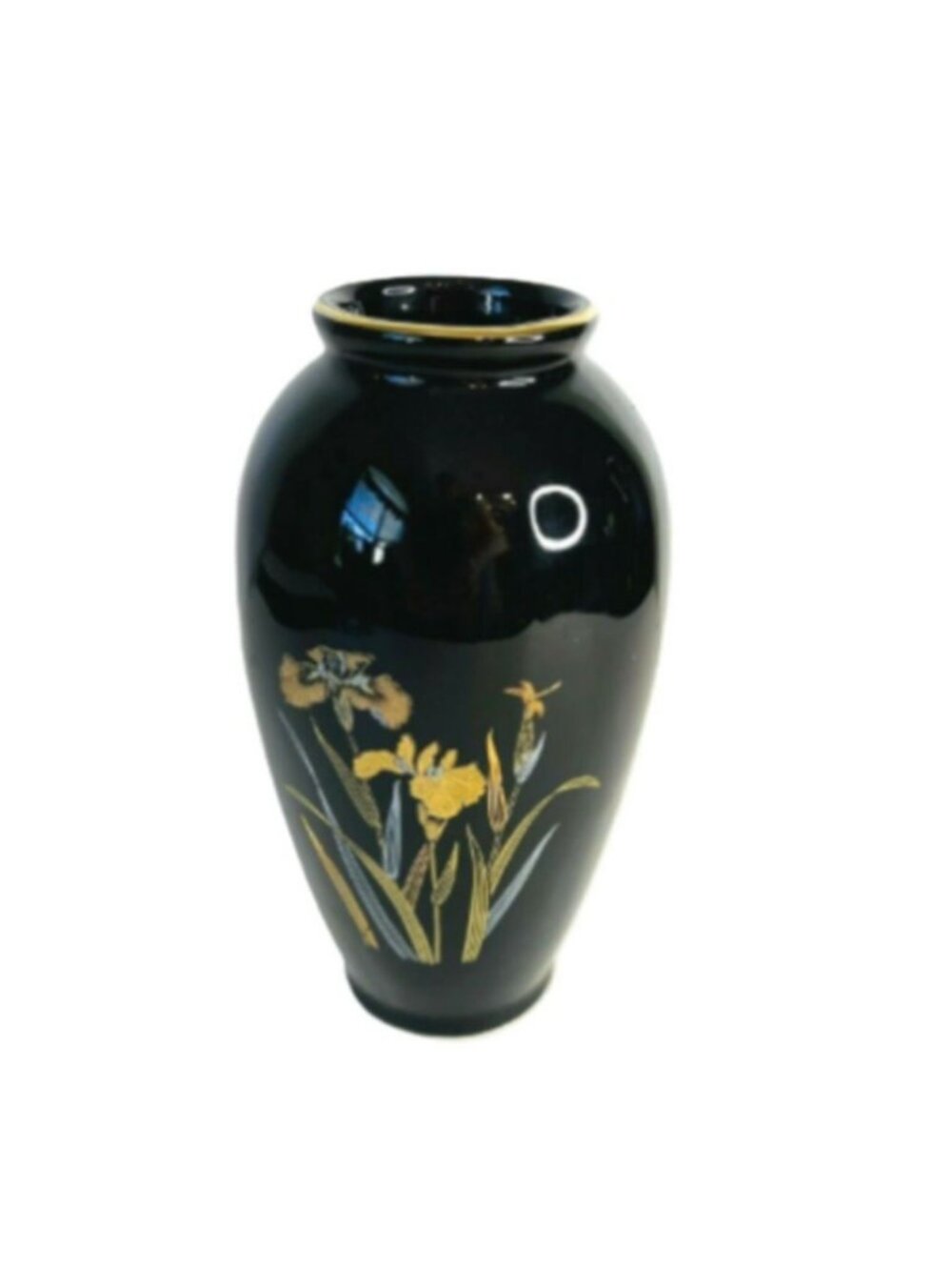 Vintage Japanese Bigei Toki Black Porcelain Bud Vase Gold Silver Floral Iris 6"